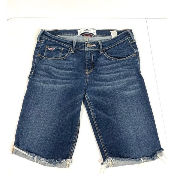 Hollister Jean Bermuda Socal Stretch Shorts Denim Dark Wash Blue Cutoff Mid Rise - Picture 1 of 3